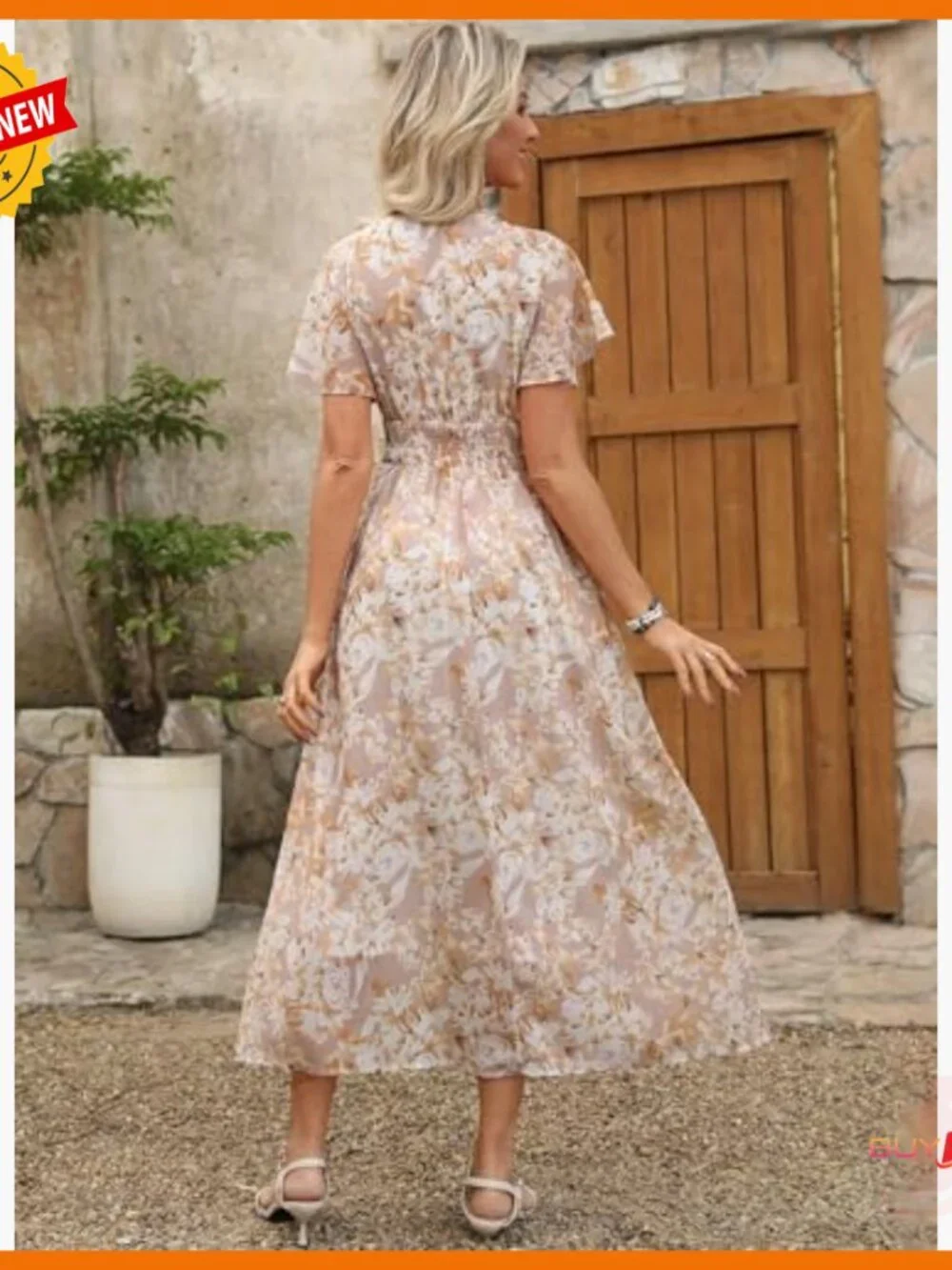 Summer Floral Maxi Dress V Neck Short Sleeve Chiffon Boho Beach Wedding Guest - Picture 6 of 7
